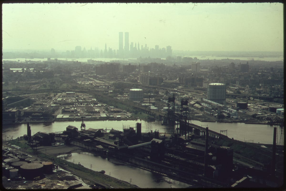 Hackensack, NJ — THE HACKENSACK RIVER IN NEW JERSEY WITH THE MANHATTAN, NEW YORK, SKYLINE IN THE DISTANCE. THE HACKENSACK AND OTHER... - NARA - 555772
