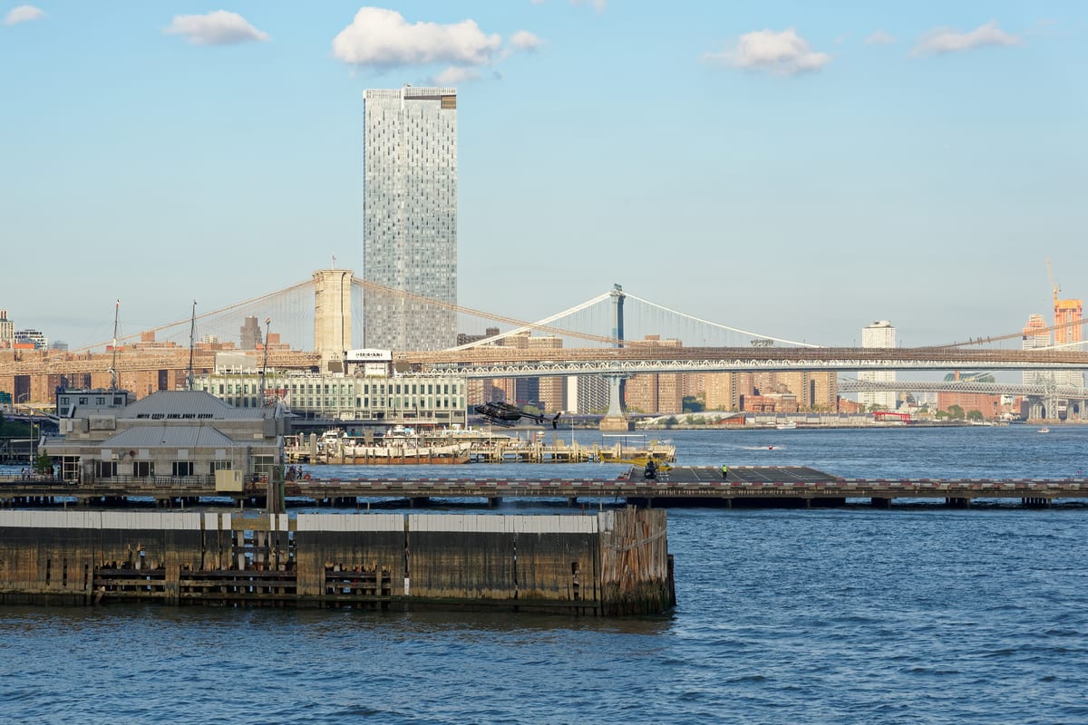 Manhattan, NY — Downtown Manhattan Heliport, bridges over East River and One Manhattan Square, NYC, 20231002 1654 1827