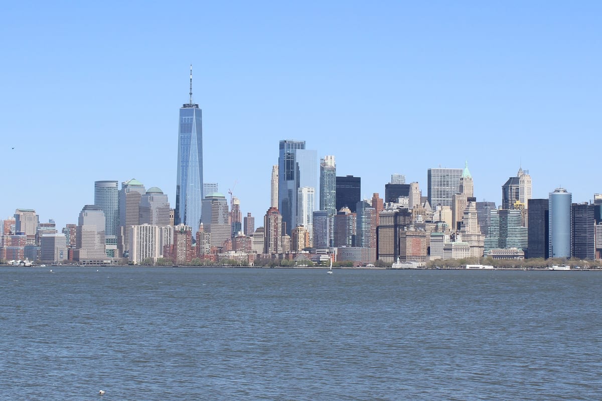 Manhattan, NY — Lower Manhattan, New York skyline from Liberty Island 2021